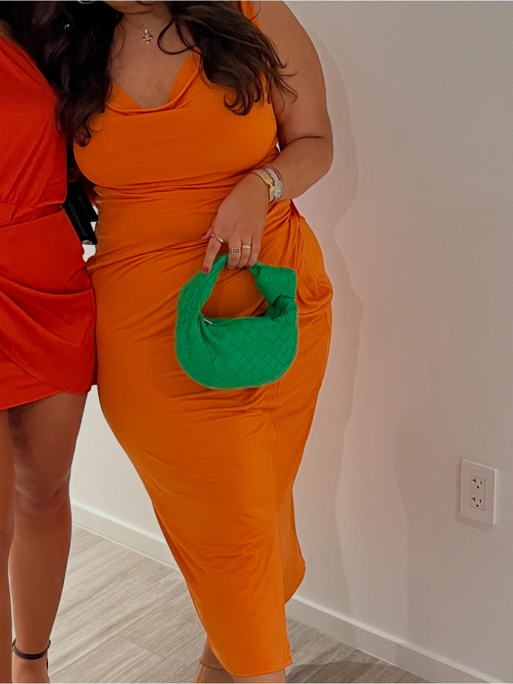 Tiger Mist Orange Cowl Neck Midi Dress
